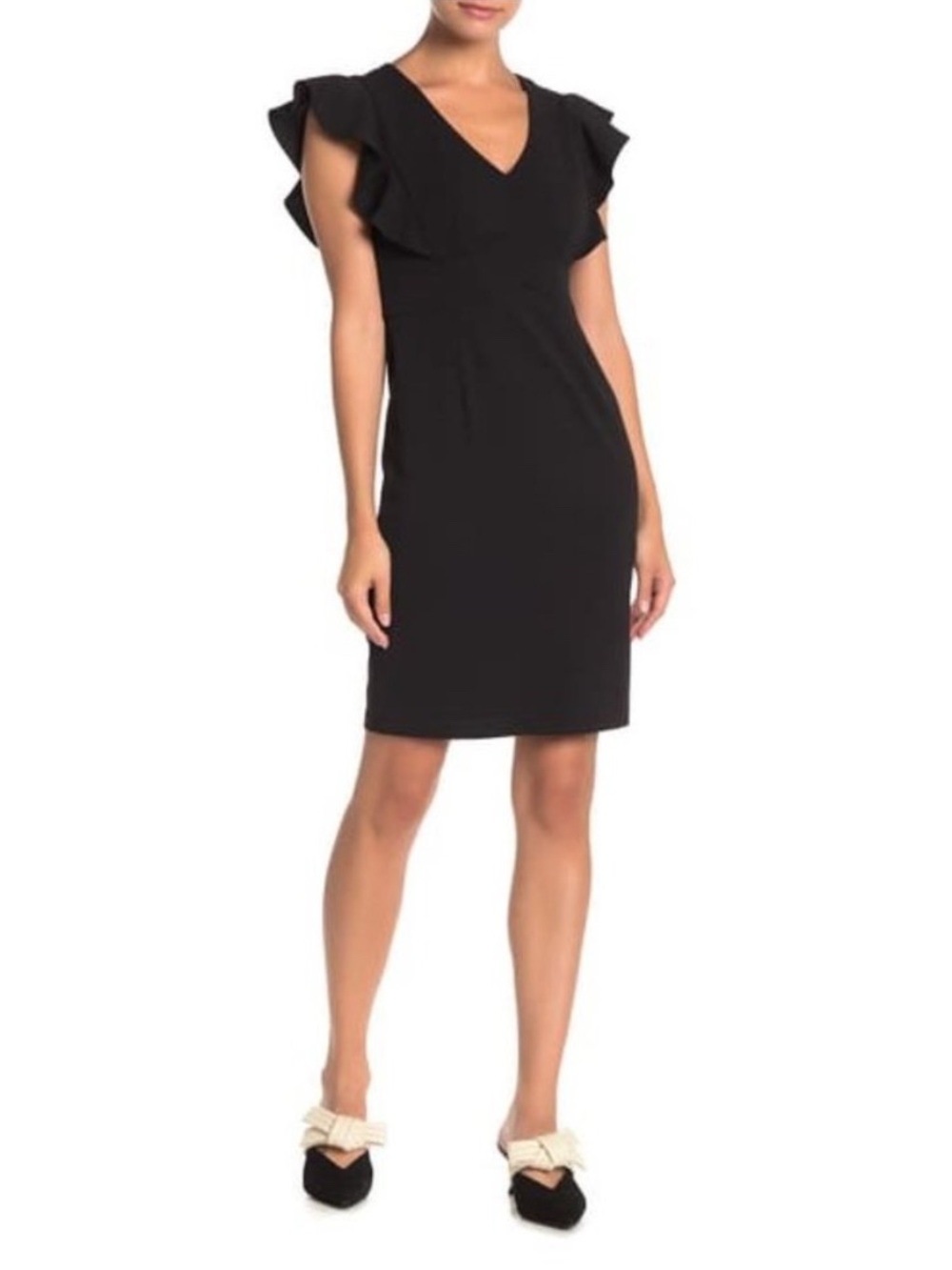 Eliza J Black Flutter Sleeve V-Neck Sheath Dress Cocktail 6P Petite